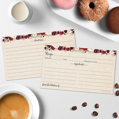 321Done Recipe Cards (Set of 50) Small Floral 3x5 - Double-Sided for Weddings, Bridal Shower - Made in USA - Watercolor Red Roses, Rustic Tan From...