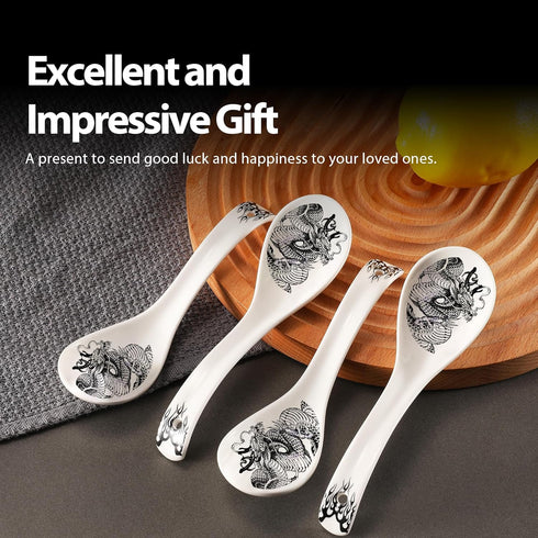 Dragon Ceramic Spoon Soup Spoons Asian Soup Spoon Chinese Korean Japanese Ramen Pho Miso Spoons Set of 4 with Hole 6.2 Inch...
