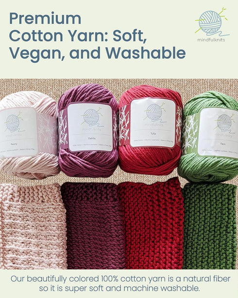 mindfulknits - Beginners Washcloth Knitting Kit - Includes 100% Cotton Knitting Yarn + Circular Knitting Needles & Yarn Needle (Flora Colored Cott...