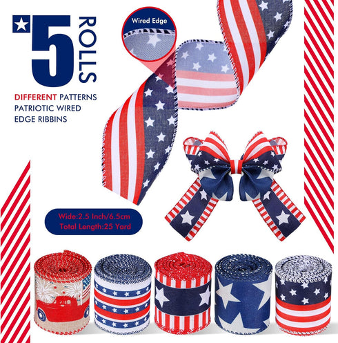 5 Rolls Star Wired Edge Ribbon 2.5 Inch Patriotic Stars Stripes Satin Ribbon 4th of July Grosgrain Halloween Thanksgiving Christmas Decoration for...