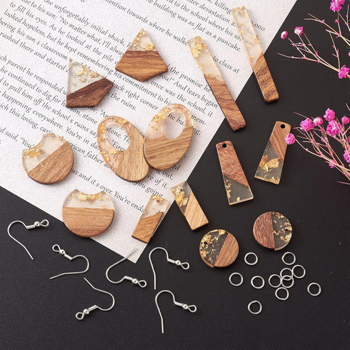 FASHEWELRY 20Pcs Resin Wooden Earring Pendants 10 Styles Gold Teardrop Rectangle Rhombus Flat Round Geometry Vintage Resin Wood Statement for Jewe...