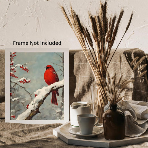 Posterizer 1 pcs-little bird in snowy winter scene-oil painting style -2-Art for Animal Lovers-Landscape & Nature Art-Decor for Home & Office- unf...