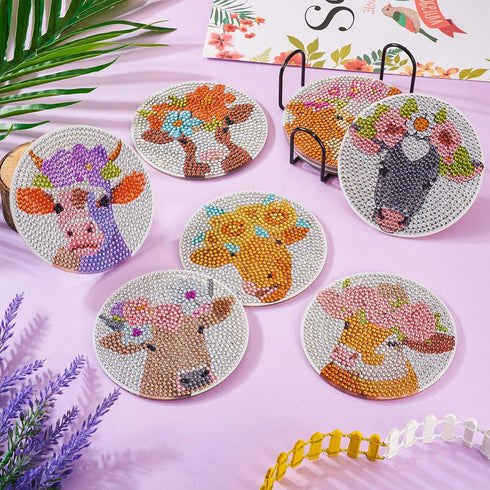BB Beadthoven 8pcs Bohemian Diamond Art Painting Coasters Kits with Holder Floral Cow Cattle Ox Bull Diamond Coasters Kit Animal 5D Diamond Gem Pa...