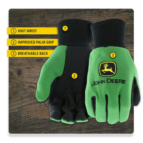 John Deere JD00002 Jersey Gloves - 10 oz Jersey Gloves for Youth, Ribbed Knit Wrist, Polyester/Cotton Fabric, Straight Thumb, Green/Black...