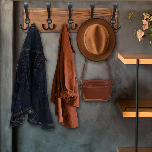 WEBI Rustic Coat Rack Wall Mount,Solid Wood Coat Hooks Wall Mounted Coat Hanger,16" Hole to Hole,Hook Rack Rail,5 Triple Hooks for Hanging Coats,J...