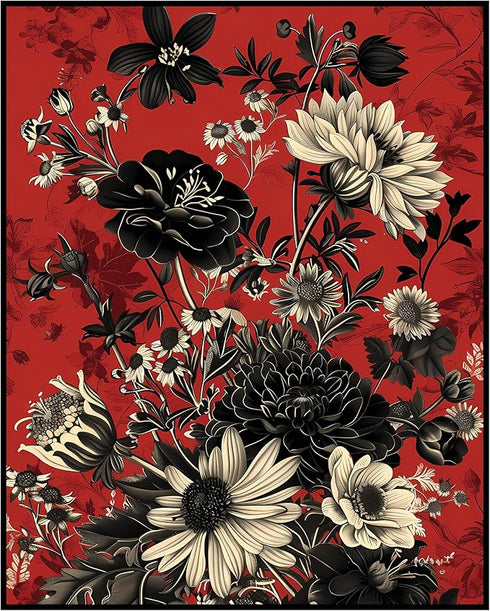 Posterizer 1 pcs-gothic art-white & black flowers-red background-Floral & Botanical Art-Abstract & Modern Art-Decor for Home & Office- UNFRAMED Wa...