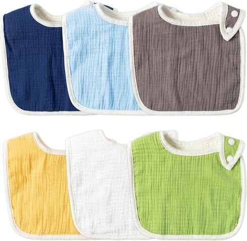 Zainpe 6Pcs Snap Muslin Cotton Baby Bibs for Boys Girls Blue Green Feeding Bib Adjustable Neutral Gray Burp Cloths with 6 Absorbent Soft Layers fo...