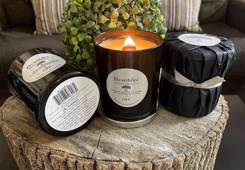 Hearthfire - Sandalwood Scented Soy Candle w/Natural Oils, Wood Wick, Smoky Dark Sweet, Made in The USA in Black Jar - Aromatherapy, Gifts for Hou...