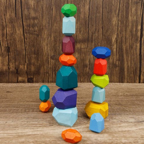 16 Pcs Wooden Stacking Blocks Rocks Building Toys, Colored Solid Wood Stones Pre-School Educational Games Creative Toys for Kids Toddlers...