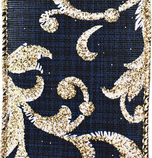 Homeford Christmas Glittered Scroll Filigree Faux Linen Wired Ribbon, 2-1/2-inch, 10-Yard, Navy...