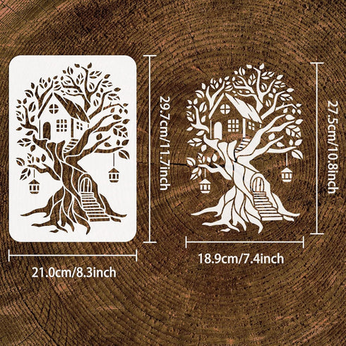 FINGERINSPIRE Tree House Stencil for Painting 11.7x8.3 inch Hollow Out Tree of Life Drawing Stencils Reusable Plastic Log Cabin Staircase Lantern ...