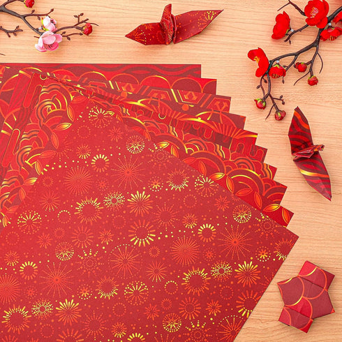 Whaline 10 Designs Chinese New Year Pattern Paper Pack 20 Sheet Red Gold Scrapbook Specialty Paper Double-Sided Collection Decorative Craft Paper ...