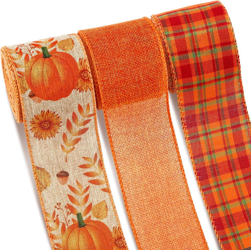 3 Rolls 30 Yards Fall Wired Ribbons Thanksgiving Pumpkin Buffalo Plaid Ribbon Autumn Harvest Ribbons for Wreaths Craft Bow Making Supplies Gifts W...