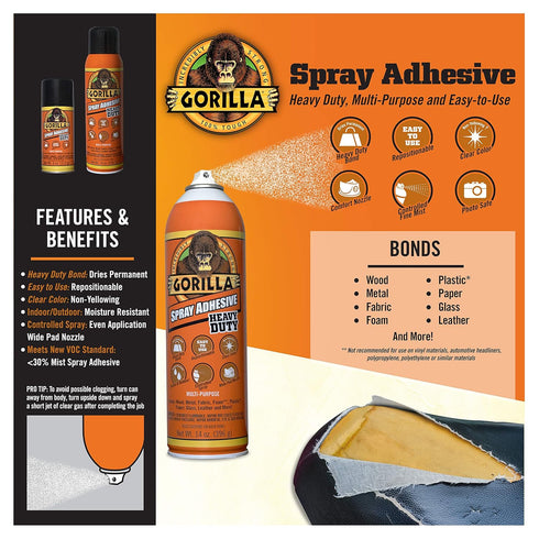 Gorilla Heavy Duty Spray Adhesive, Multipurpose and Repositionable, 14 Ounce, Clear, (Pack of 1)...
