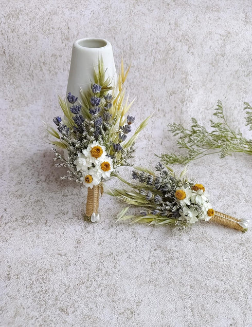 Dried Flowers Boutonniere for Men Wedding 2 Pieces Set Groom Boutonniere kit Boho Pampas Fall Anniversary Decorations (Lavender)...