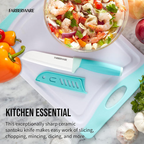 Farberware Ceramic 5- Inch Santoku Knife with Custom-Fit Blade Cover, Razor-Sharp Kitchen Knife with Ergonomic, Soft-Grip Handle, Dishwasher-Safe,...