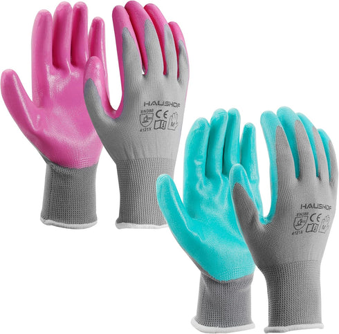 HAUSHOF 6 Pairs Garden Gloves for Women, Nitrile Coated Working Gloves, for Gardening, Restoration Work, Medium, Pink & Green, M...