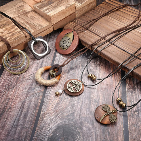 SAILIMUE 6Pcs Long Pendant Necklaces for Women Boho Vintage Wood Fall Sweater Necklaces Set Statement Feather Dragonfly Peace Sign Y Necklace Hipp...
