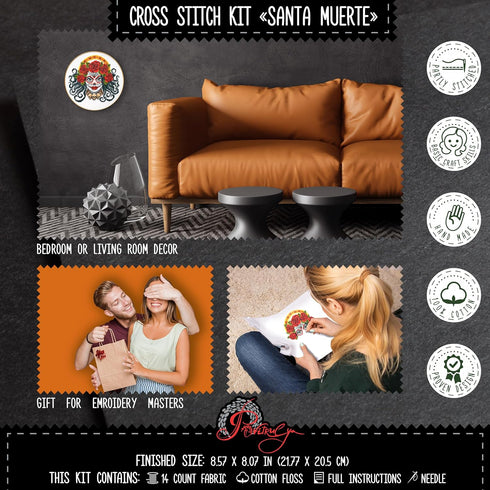 Santa Muerte' Counted Cross Stitch Kit for Adults - DIY Needlework Set with Design Pattern - Halloween, Day of The Dead, Día de los Muertos Embro...