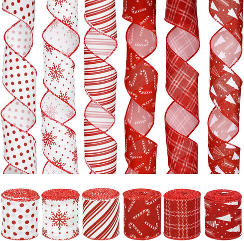 Whaline 36 Yards 6 Rolls Christmas Ribbon Red White Sripe Plaids Dot Wired Edge Ribbon Xmas Tree Candy Cane Snowflake Burlap Craft Ribbon for Xmas...