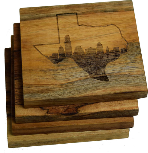 Austin Coasters, Austin Skyline Within Texas Drink Coasters – Austin Gifts & Souvenirs, Engraved Acacia Wood Coasters with Austin Skyline Design –...