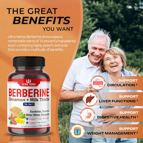 Premium Berberine 12,200MG with Cinnamon, Milk Thistle *USA Made & Test* Promotes Liver Function, Gut Health, Immunity (150 Count (Pack of 1))...