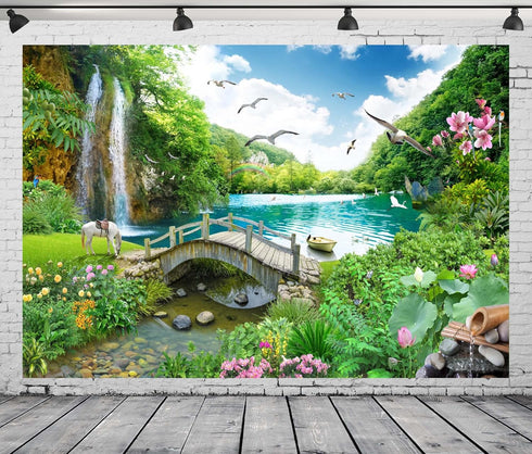 BELECO Picturesque Garden Background Fabric 5x3ft Outdoor Tropical Landscape Mountain Trees Waterfall Lake Birds White Horse and Wooden Bridge Sce...