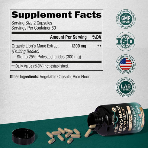 Organic Lions Mane - Certified Mushroom Supplement - Made in USA - Fruiting Bodies Extract - 1200 mg, 25% Polysaccharides - Memory & Focus - As Li...