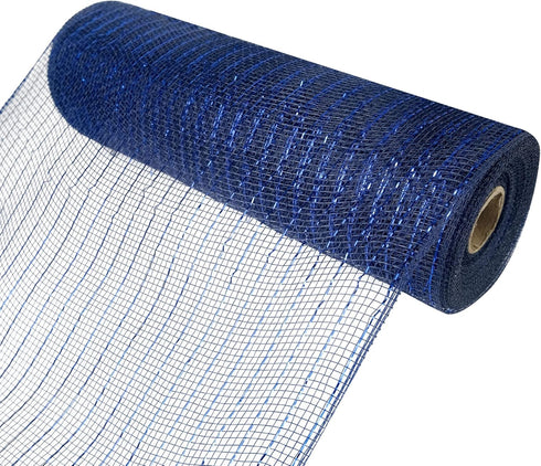 2 Rolls Navy Blue Deco Mesh Ribbon with Blue Foil Wire10 in x 30 ft,Metallic Poly Mesh Ribbon Rolls for DIY Wreath Supplies Ribbon for Christmas T...