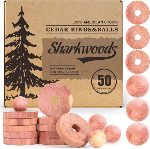 Cedar Blocks for Clothes Storage 50 Pack, 30 Cedar Rings & 20 Cedar Balls 100% Natural Aromatic Cedar Accessories for Closets & Drawers (50Pack-Ri...
