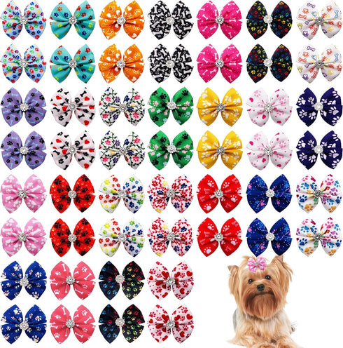 PET SHOW 50Pcs/25Pairs Paw Pattern Small Dog Hair Bows Bulk with Rubber Bands for Medium Dogs Cats Puppy shih tzu Rhinestone Bowknot Topknot Yorki...