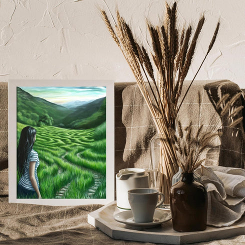 Posterizer 1 pcs-painting style art-girl and green serene hills-Landscape & Nature Art-Collectibles & Fine Art-Gift for Couples boyfriend girlfrie...