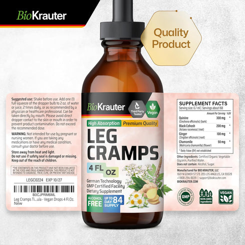 Leg Cramps Tincture with Quinine - Organic Ginger & Chamomile Liquid Extracts for Leg Cramps Relief - Natural Alcohol & Sugar Free Formula - Vegan...
