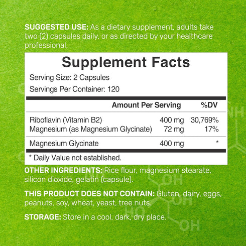 DEAL SUPPLEMENT Vitamin B2 400mg (Riboflavin) | with Magnesium Glycinate 400mg, 240 Capsules – 2 in 1 Support Healthy Nervous System, Mood, Blood ...