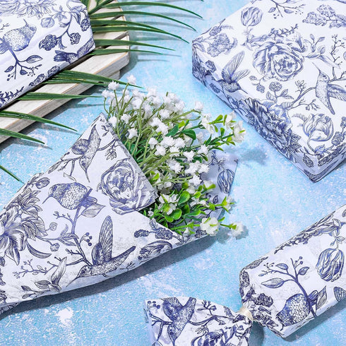 Whaline 100 Sheets Blue White Floral Tissue Paper Chinoiserie Flower Bird Gift Wrapping Paper DIY Art Craft Tissue Paper for Packaging Wedding Bir...