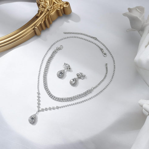 FIBO STEEL Clip on Rhinestone Jewelry Set for Bridal Bridesmaid Wedding Teardrop Pendant Earrings Necklace Bracelets Set for Women Party Prom Cost...