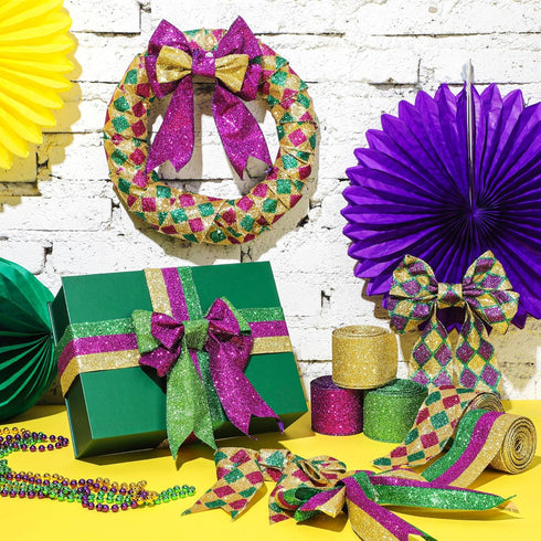 6 Rolls 30 Yards Mardi Gras Wired Edge Ribbon Purple Gold and Green Stripe Ribbon Glitter Metallic Wrapping Ribbon for Mardi Gras Masquerade Party...