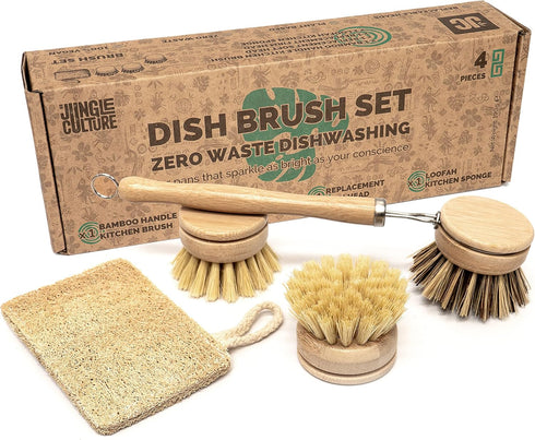 Jungle Culture 4 Piece Bamboo Dish Brush Set for Washing Up • Long Lasting Wooden Dish Brush with 3 Replacement Heads & Loofah Sponge Scourer • Ec...