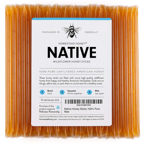 Homestead Honey Native Sticks 100 Count - Pure Wildflower - Individual Packets - Unfiltered Snack for Kids, Hiking, and Tea - Natural, No Additive...