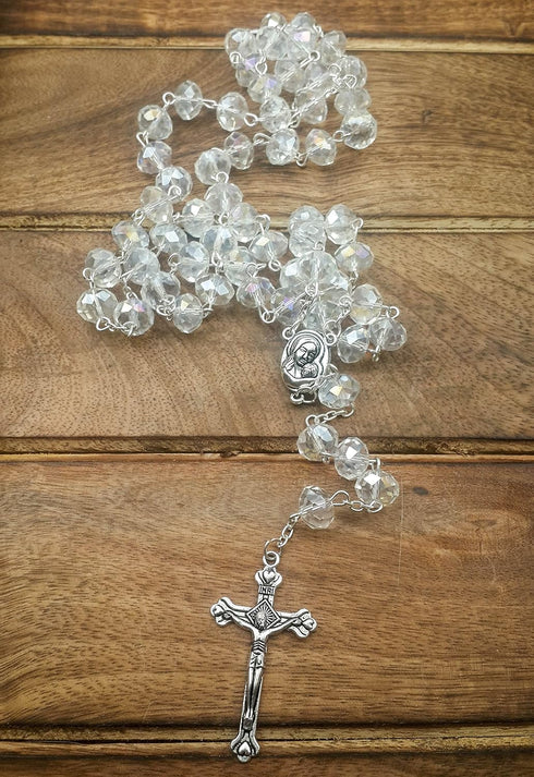 Nazareth Store White Clear Crystal Beads Rosary Prayer Beaded Necklace with Holy Soil Medal and Jesus Cross Communion Rosary...