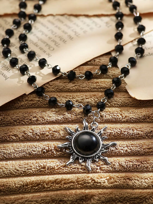 Sacina Gothic Black Sun Necklace, Black Sun Crystal Pendant, Black Bead Choker Necklace, Gothic Necklace, Goth Necklace, Halloween Christmas New Y...