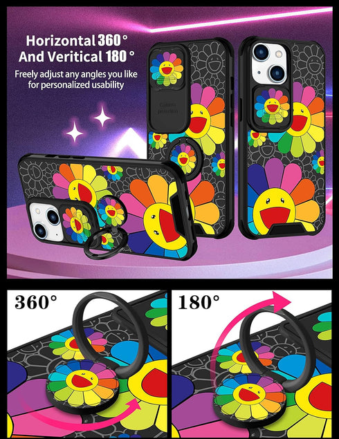 Goocrux (2in1 for iPhone 13 Case Smile Face Flower for Women Girls Pretty Girly Phone Cover Cute Floral Design with Slide Camera Cover+Ring Aesthe...