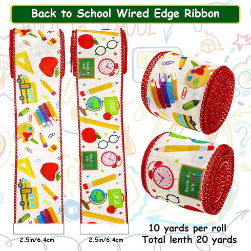 20 Yards Back to School Wired Edge Ribbons School Themed Decorative Fabric Ribbon School Supplies Pattern Wrapping Ribbon for DIY Crafts Bow Wreat...
