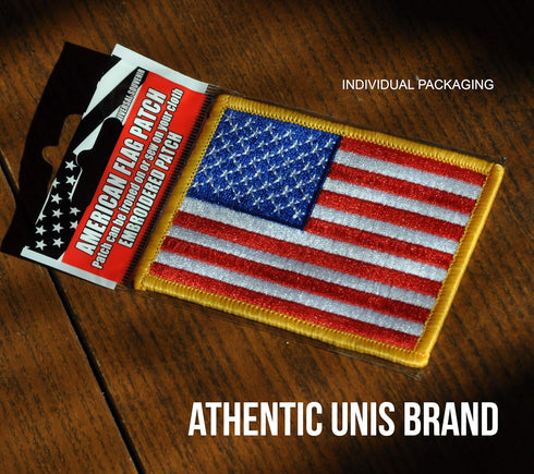 UNIS 4 Pack, 3.5 X 2.5. Inch Large Size American US Flag Embroidered Cloth Sew on Iron on Patch Golden Yellow Border....