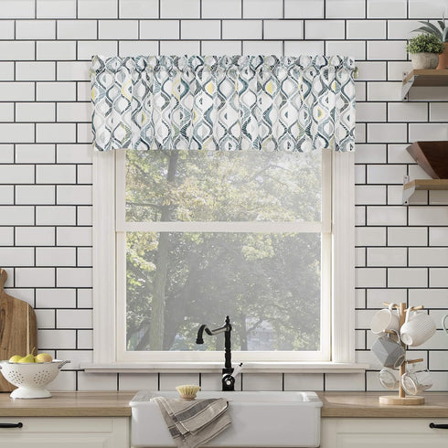 No. 918 Barker Geometric Semi-Sheer Rod Pocket Kitchen Curtain Valance and Tiers Set, 54" x 36", White...