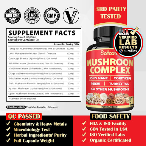 Satoomi 90 Capsules - 10in1 Turkey Tail Supplement with Lions Mane, Turkey Tail Mushroom, Reishi Mushroom & Others - for 90 Days...
