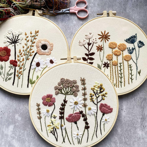 Harimau 3 Pack Embroidery Kit for Beginners , Floral Plant Pattern,Cross Stitch Kits Set , Including Stamped Embroidery Cloth with 3 Embroidery Ho...