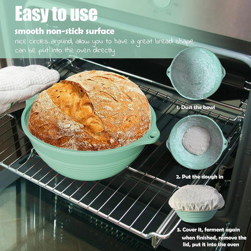 Bread Proofing Basket, 9in Silicone Sourdough Baking Bowl with liner Thick Foldable Reusable Handmade Bread Making Supplies for bakers (Light Gree...
