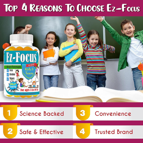 Ez Focus Gummies for Kids Brain Focus Support Chewable Focus Kids Vitamins Attention Supplement for Kids Children and Teens Kids Gummies for Focus...