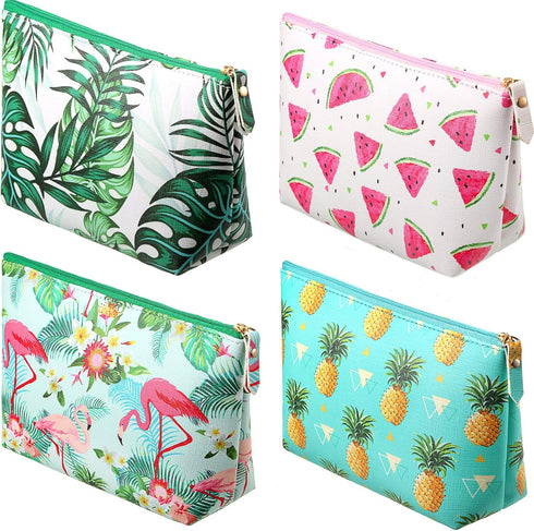 Weewooday 4 Pieces Cosmetic Makeup Bag Tropical Summer Foldable Portable Pouch Purse Handbag with Zipper Waterproof Barrel Makeup Bag for Women Gi...